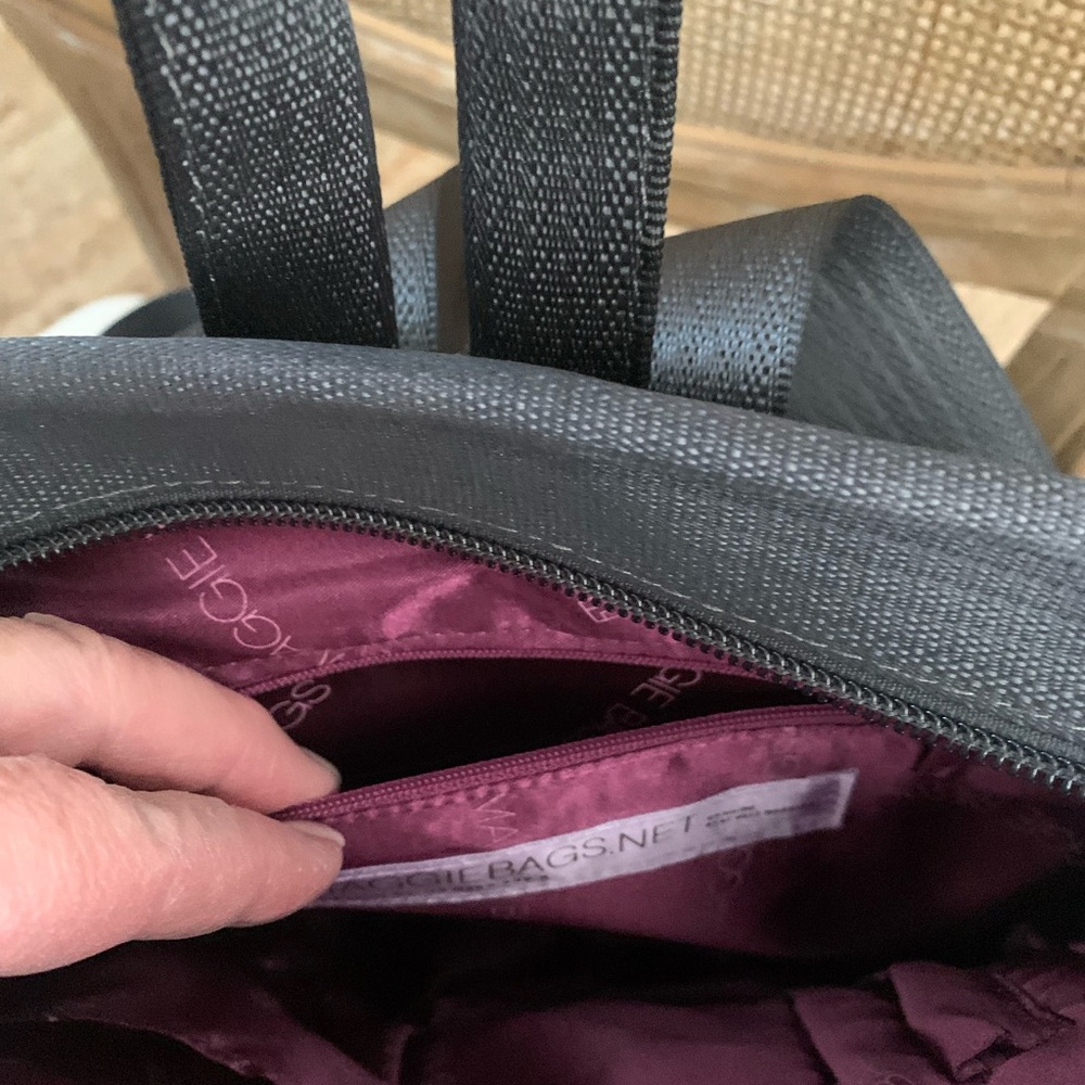 NWOT Black and Gray Maggie Bags Woven Seatbelt Backpack bag black
and grey check - Picture 8 of 10